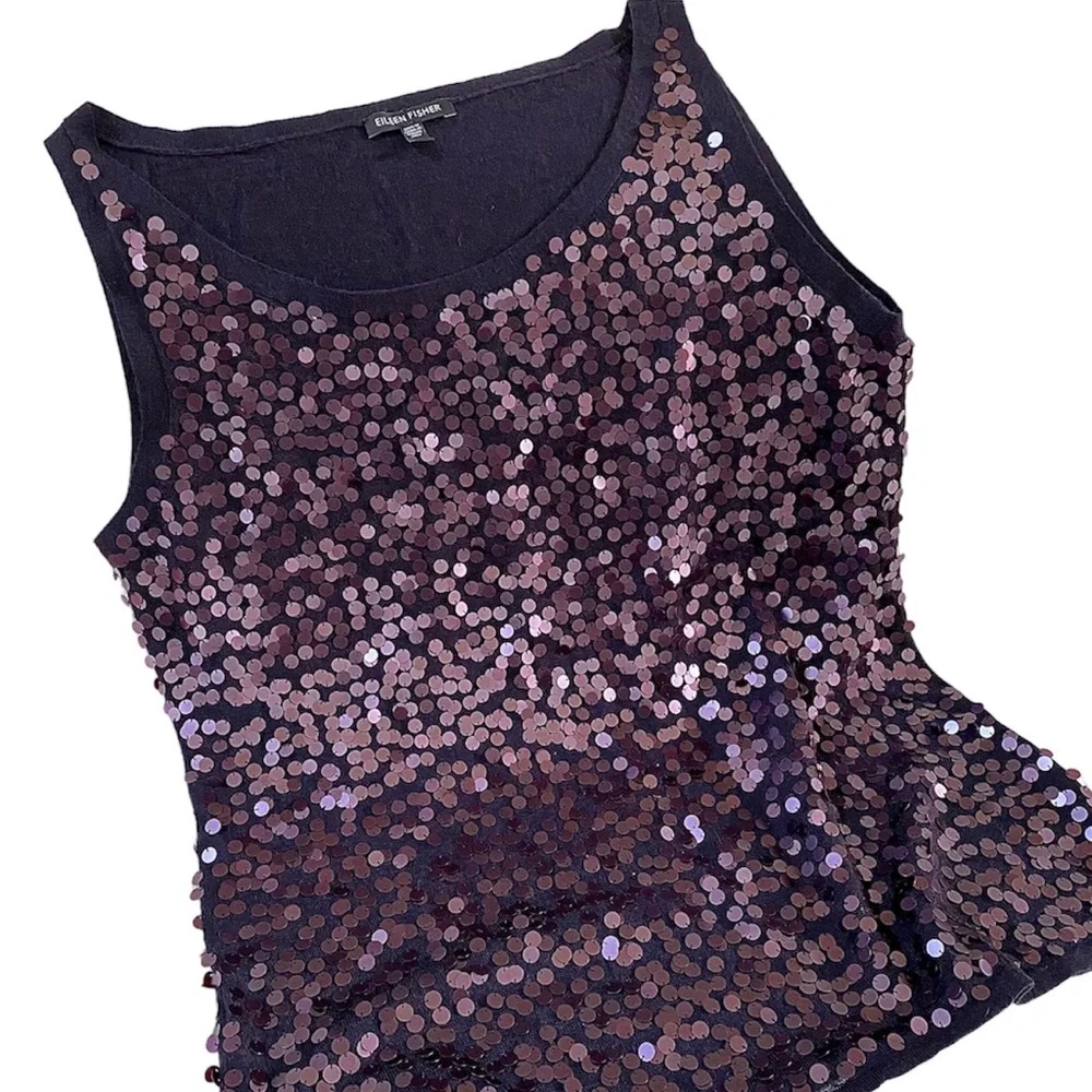 EILEEN FISHER 100% BLACK MERINO WOOL & PURPLE SEQUIN TOP SIZE LARGE - Picture 3 of 16